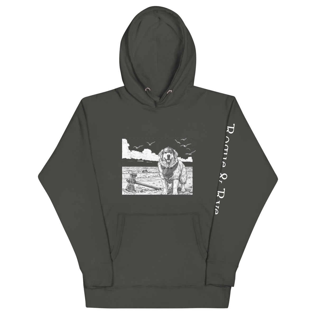 The Herald hoodie, unisex adventure hoodie, Rogue & Rye hoodie, Great Pyrenees inspired sweatshirt, fantasy RPG hoodie, cozy fleece hoodie, cotton blend hoodie, cold weather adventure gear, soft warm unisex hoodie, RPG character apparel, sustainable fantasy clothing, fleece-lined hoodie, guardian character sweatshirt, winter-ready gamer hoodie, stylish warm hoodie