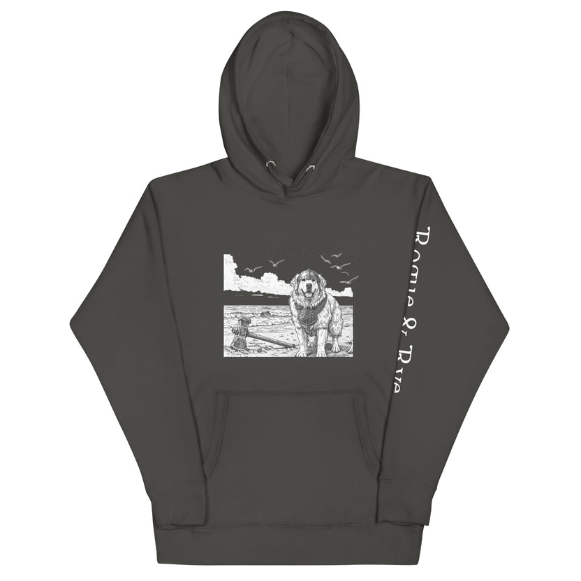 The Herald hoodie, unisex adventure hoodie, Rogue & Rye hoodie, Great Pyrenees inspired sweatshirt, fantasy RPG hoodie, cozy fleece hoodie, cotton blend hoodie, cold weather adventure gear, soft warm unisex hoodie, RPG character apparel, sustainable fantasy clothing, fleece-lined hoodie, guardian character sweatshirt, winter-ready gamer hoodie, stylish warm hoodie