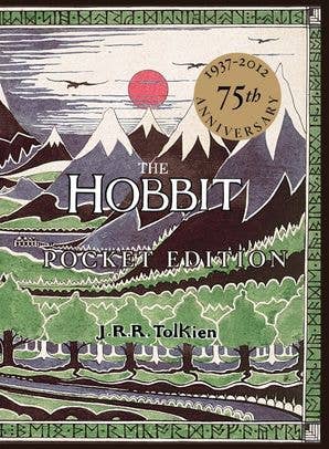 The Hobbit pocket edition, JRR Tolkien small hardcover, portable fantasy classics, Bilbo Baggins pocket book, Smaug Tolkien pocket size, Middle-earth collectible edition, HarperCollins Tolkien books, epic fantasy pocket hardcover, Rogue & Rye book collection, travel-friendly classic fantasy.