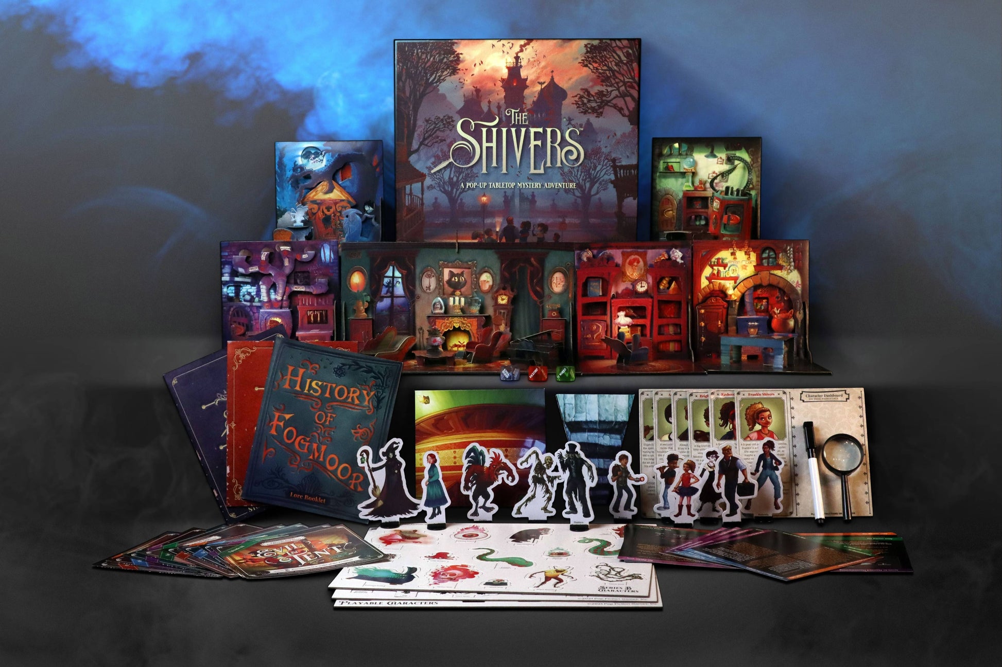 The Shivers game, The Shivers board game, pop up book board game, pop up tabletop game, pop up mystery game, cooperative mystery adventure game, story driven board game, episodic cooperative board game, modular pop up system game, spooky puzzle solving game, roleplaying mystery board game, magical mansion board game, storyteller role board game, 2 to 5 player cooperative game, 60 minute cooperative game, narrative adventure game night, spooky game for adults, Halloween game night board game, giftable board 