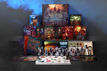 The Shivers game, The Shivers board game, pop up book board game, pop up tabletop game, pop up mystery game, cooperative mystery adventure game, story driven board game, episodic cooperative board game, modular pop up system game, spooky puzzle solving game, roleplaying mystery board game, magical mansion board game, storyteller role board game, 2 to 5 player cooperative game, 60 minute cooperative game, narrative adventure game night, spooky game for adults, Halloween game night board game, giftable board 