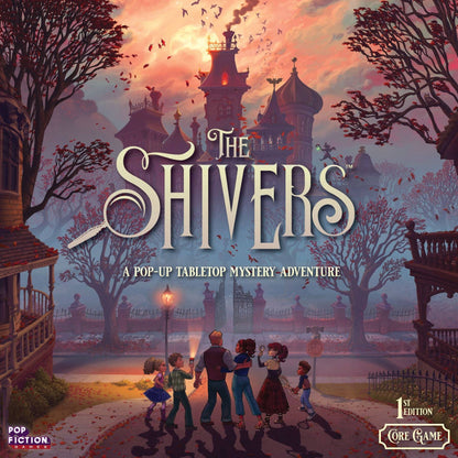 The Shivers game, The Shivers board game, pop up book board game, pop up tabletop game, pop up mystery game, cooperative mystery adventure game, story driven board game, episodic cooperative board game, modular pop up system game, spooky puzzle solving game, roleplaying mystery board game, magical mansion board game, storyteller role board game, 2 to 5 player cooperative game, 60 minute cooperative game, narrative adventure game night, spooky game for adults, Halloween game night board game, giftable board 