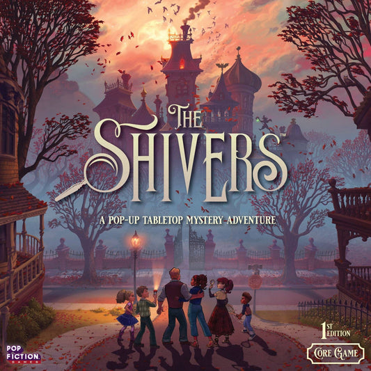 The Shivers game, The Shivers board game, pop up book board game, pop up tabletop game, pop up mystery game, cooperative mystery adventure game, story driven board game, episodic cooperative board game, modular pop up system game, spooky puzzle solving game, roleplaying mystery board game, magical mansion board game, storyteller role board game, 2 to 5 player cooperative game, 60 minute cooperative game, narrative adventure game night, spooky game for adults, Halloween game night board game, giftable board 