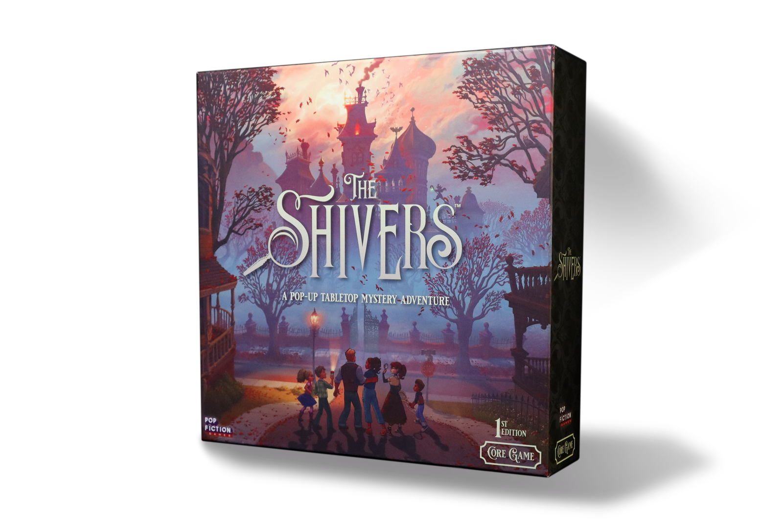 The Shivers game, The Shivers board game, pop up book board game, pop up tabletop game, pop up mystery game, cooperative mystery adventure game, story driven board game, episodic cooperative board game, modular pop up system game, spooky puzzle solving game, roleplaying mystery board game, magical mansion board game, storyteller role board game, 2 to 5 player cooperative game, 60 minute cooperative game, narrative adventure game night, spooky game for adults, Halloween game night board game, giftable board 