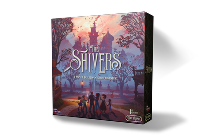 The Shivers game, The Shivers board game, pop up book board game, pop up tabletop game, pop up mystery game, cooperative mystery adventure game, story driven board game, episodic cooperative board game, modular pop up system game, spooky puzzle solving game, roleplaying mystery board game, magical mansion board game, storyteller role board game, 2 to 5 player cooperative game, 60 minute cooperative game, narrative adventure game night, spooky game for adults, Halloween game night board game, giftable board 