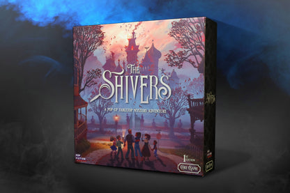 The Shivers game, The Shivers board game, pop up book board game, pop up tabletop game, pop up mystery game, cooperative mystery adventure game, story driven board game, episodic cooperative board game, modular pop up system game, spooky puzzle solving game, roleplaying mystery board game, magical mansion board game, storyteller role board game, 2 to 5 player cooperative game, 60 minute cooperative game, narrative adventure game night, spooky game for adults, Halloween game night board game, giftable board 