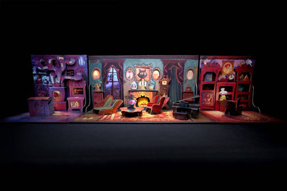 The Shivers game, The Shivers board game, pop up book board game, pop up tabletop game, pop up mystery game, cooperative mystery adventure game, story driven board game, episodic cooperative board game, modular pop up system game, spooky puzzle solving game, roleplaying mystery board game, magical mansion board game, storyteller role board game, 2 to 5 player cooperative game, 60 minute cooperative game, narrative adventure game night, spooky game for adults, Halloween game night board game, giftable board 