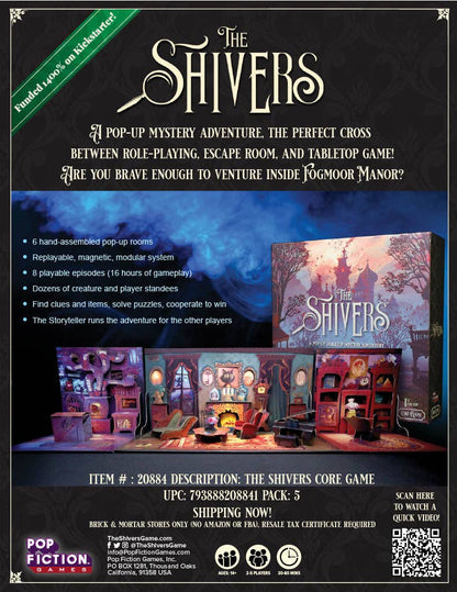 The Shivers game, The Shivers board game, pop up book board game, pop up tabletop game, pop up mystery game, cooperative mystery adventure game, story driven board game, episodic cooperative board game, modular pop up system game, spooky puzzle solving game, roleplaying mystery board game, magical mansion board game, storyteller role board game, 2 to 5 player cooperative game, 60 minute cooperative game, narrative adventure game night, spooky game for adults, Halloween game night board game, giftable board 
