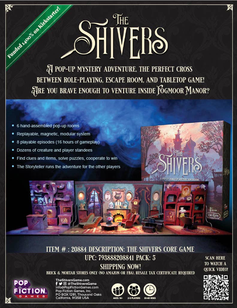 The Shivers game, The Shivers board game, pop up book board game, pop up tabletop game, pop up mystery game, cooperative mystery adventure game, story driven board game, episodic cooperative board game, modular pop up system game, spooky puzzle solving game, roleplaying mystery board game, magical mansion board game, storyteller role board game, 2 to 5 player cooperative game, 60 minute cooperative game, narrative adventure game night, spooky game for adults, Halloween game night board game, giftable board 