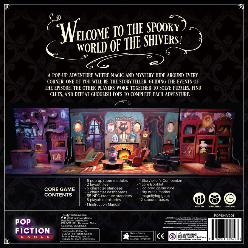 The Shivers game, The Shivers board game, pop up book board game, pop up tabletop game, pop up mystery game, cooperative mystery adventure game, story driven board game, episodic cooperative board game, modular pop up system game, spooky puzzle solving game, roleplaying mystery board game, magical mansion board game, storyteller role board game, 2 to 5 player cooperative game, 60 minute cooperative game, narrative adventure game night, spooky game for adults, Halloween game night board game, giftable board 