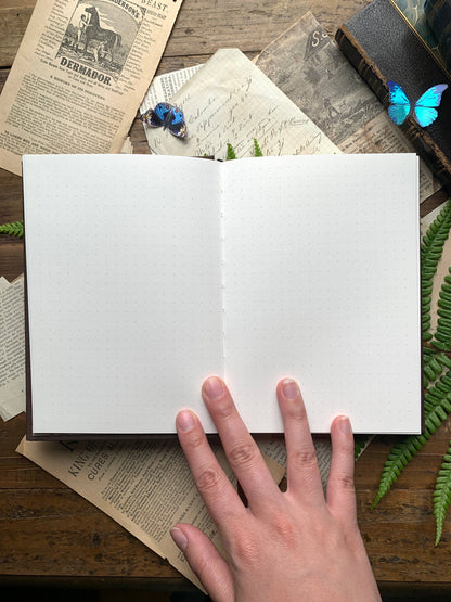 RPG dot grid journal, B6 gaming notebook, Dungeons and Dragons journal, vegan leather RPG notebook, fantasy game campaign planner, tabletop RPG accessories, The Antiquarian journal, world-building notebook, character tracking notebook, portable gaming sketchbook