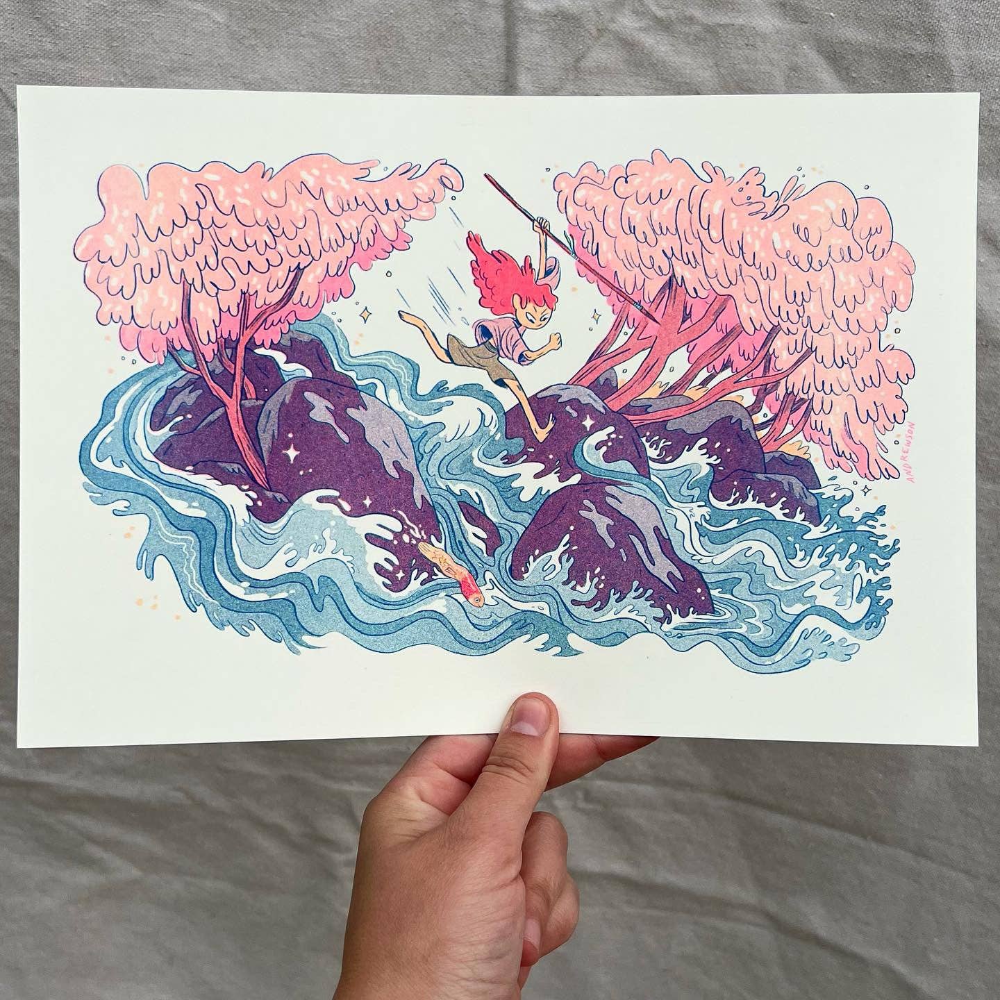 Three color risograph print, Natalie Andrewson riso print, fluorescent pink riso artwork, indie printmaker art, blue and yellow riso print, narrative risograph illustration, small riso wall art, hand printed riso art, Los Angeles risograph studio, vibrant risograph colors, unique riso texture, collectible riso print, Rogue & Rye artist collection.