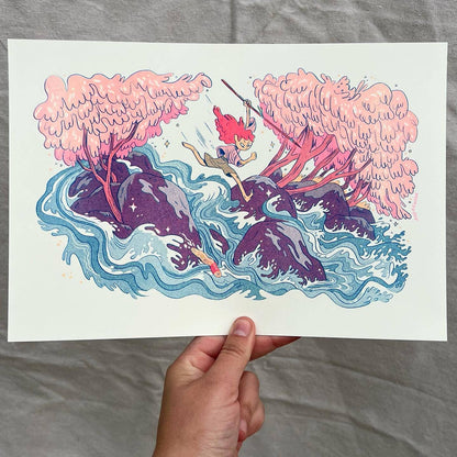 Three color risograph print, Natalie Andrewson riso print, fluorescent pink riso artwork, indie printmaker art, blue and yellow riso print, narrative risograph illustration, small riso wall art, hand printed riso art, Los Angeles risograph studio, vibrant risograph colors, unique riso texture, collectible riso print, Rogue & Rye artist collection.