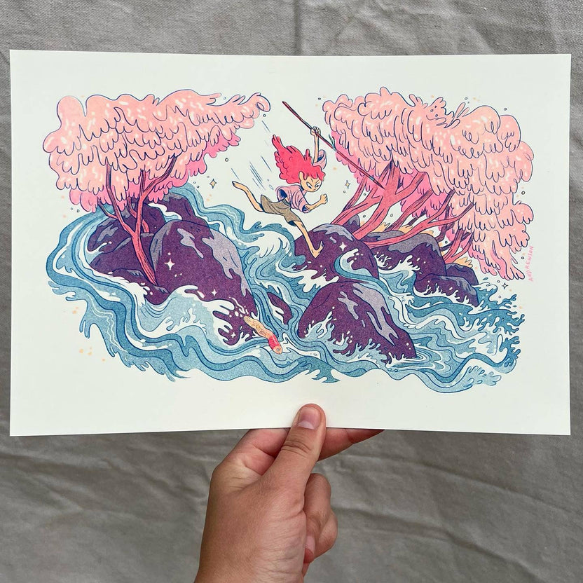 Three color risograph print, Natalie Andrewson riso print, fluorescent pink riso artwork, indie printmaker art, blue and yellow riso print, narrative risograph illustration, small riso wall art, hand printed riso art, Los Angeles risograph studio, vibrant risograph colors, unique riso texture, collectible riso print, Rogue & Rye artist collection.