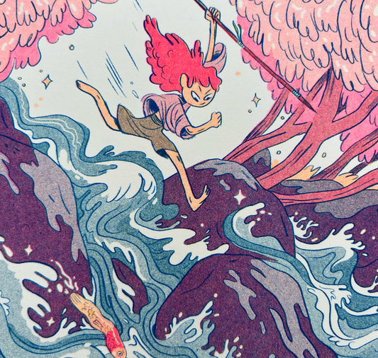 Three color risograph print, Natalie Andrewson riso print, fluorescent pink riso artwork, indie printmaker art, blue and yellow riso print, narrative risograph illustration, small riso wall art, hand printed riso art, Los Angeles risograph studio, vibrant risograph colors, unique riso texture, collectible riso print, Rogue & Rye artist collection.