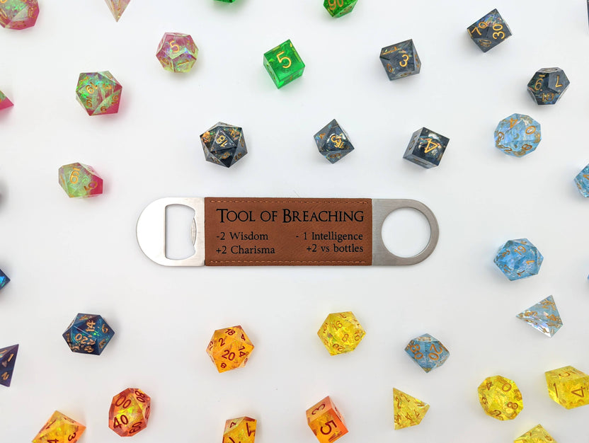 Tool of Breaching bottle opener, RPG bottle opener, vegan leather bottle opener, DnD bottle opener, NTSD Gaming gift, fantasy tabletop accessories, engraved bottle opener, gamer gift, stainless steel bar tool, vegan suede opener
