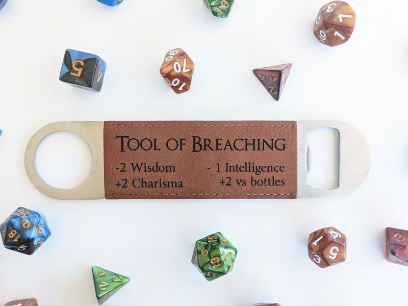Tool of Breaching bottle opener, RPG bottle opener, vegan leather bottle opener, DnD bottle opener, NTSD Gaming gift, fantasy tabletop accessories, engraved bottle opener, gamer gift, stainless steel bar tool, vegan suede opener