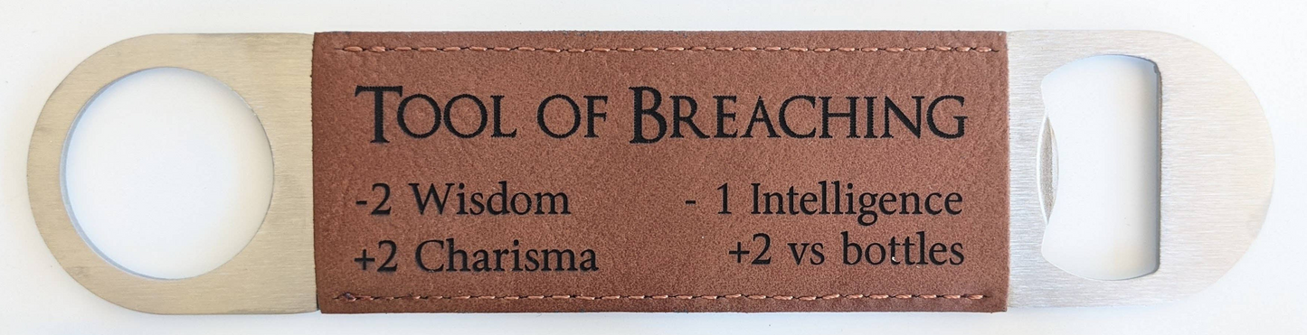 Tool of Breaching RPG-inspired stainless steel bottle opener wrapped in vegan leather suede, tabletop gaming gift for RPG and D&D fans.