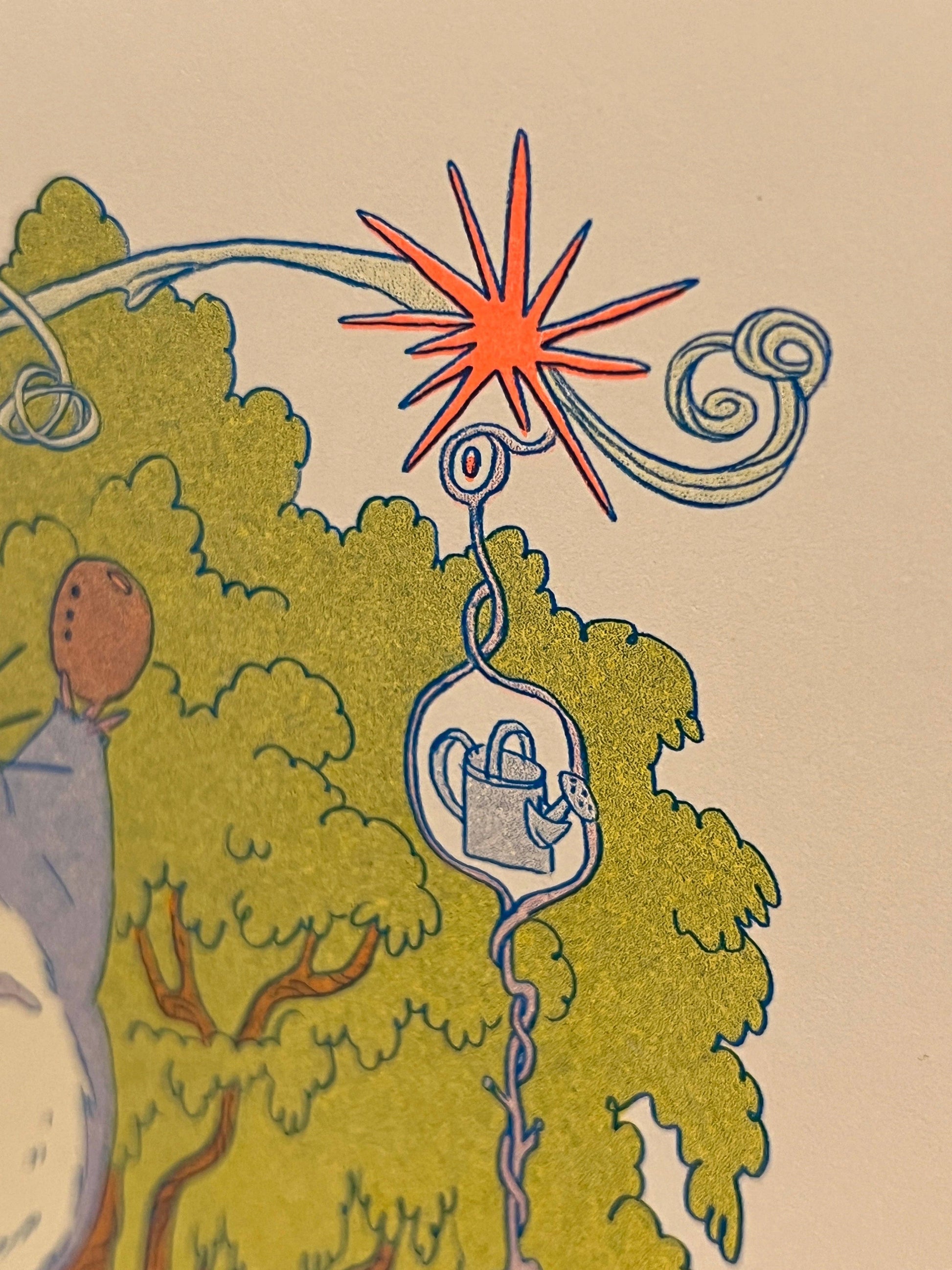 totoro risograph print, forest spirit art print, Natalie Andrewson riso print, blue yellow fluorescent orange riso, Studio Ghibli inspired artwork, whimsical forest spirits illustration, Totoro fan art print, indie printmaker risograph, woodland guardian art, collectible riso print, Rogue & Rye artist collection.