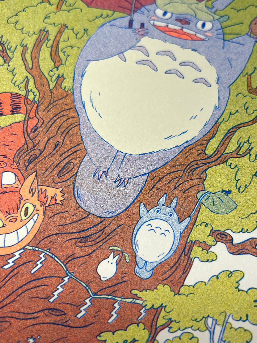 totoro risograph print, forest spirit art print, Natalie Andrewson riso print, blue yellow fluorescent orange riso, Studio Ghibli inspired artwork, whimsical forest spirits illustration, Totoro fan art print, indie printmaker risograph, woodland guardian art, collectible riso print, Rogue & Rye artist collection.