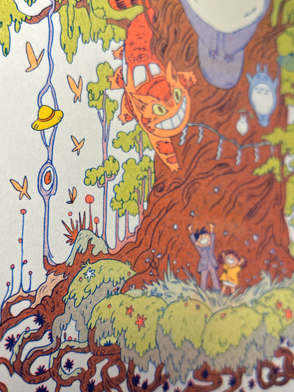 totoro risograph print, forest spirit art print, Natalie Andrewson riso print, blue yellow fluorescent orange riso, Studio Ghibli inspired artwork, whimsical forest spirits illustration, Totoro fan art print, indie printmaker risograph, woodland guardian art, collectible riso print, Rogue & Rye artist collection.