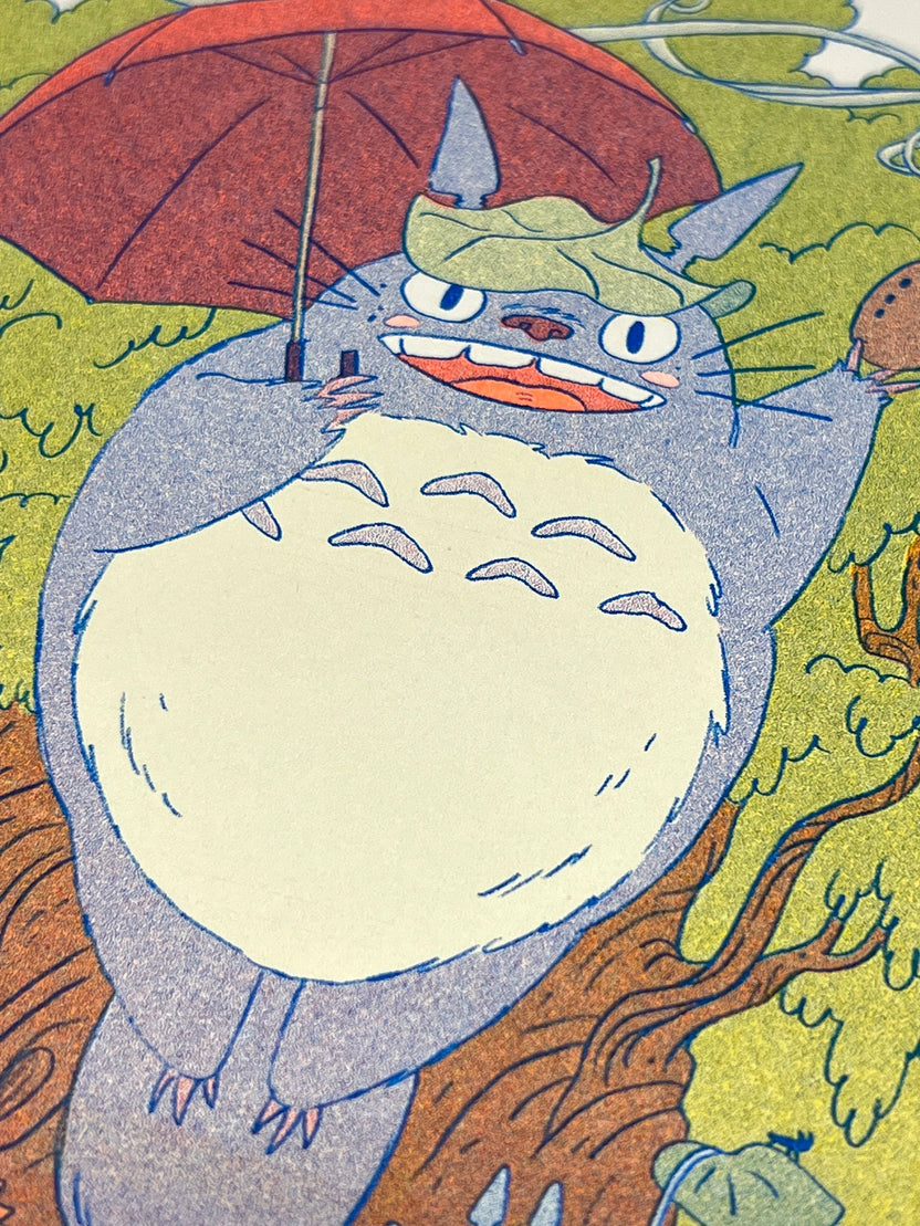 totoro risograph print, forest spirit art print, Natalie Andrewson riso print, blue yellow fluorescent orange riso, Studio Ghibli inspired artwork, whimsical forest spirits illustration, Totoro fan art print, indie printmaker risograph, woodland guardian art, collectible riso print, Rogue & Rye artist collection.