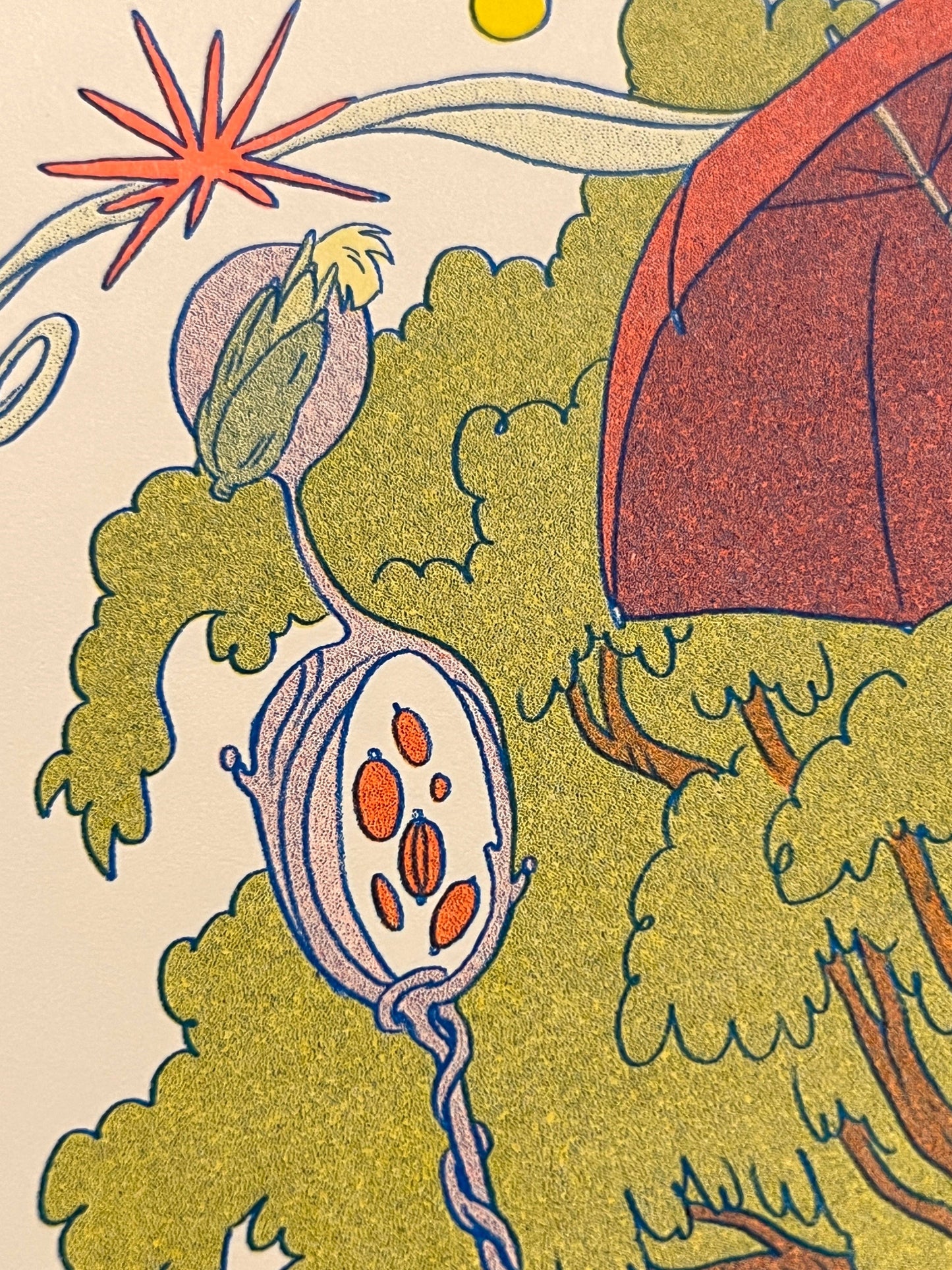 totoro risograph print, forest spirit art print, Natalie Andrewson riso print, blue yellow fluorescent orange riso, Studio Ghibli inspired artwork, whimsical forest spirits illustration, Totoro fan art print, indie printmaker risograph, woodland guardian art, collectible riso print, Rogue & Rye artist collection.