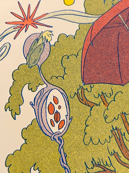 totoro risograph print, forest spirit art print, Natalie Andrewson riso print, blue yellow fluorescent orange riso, Studio Ghibli inspired artwork, whimsical forest spirits illustration, Totoro fan art print, indie printmaker risograph, woodland guardian art, collectible riso print, Rogue & Rye artist collection.