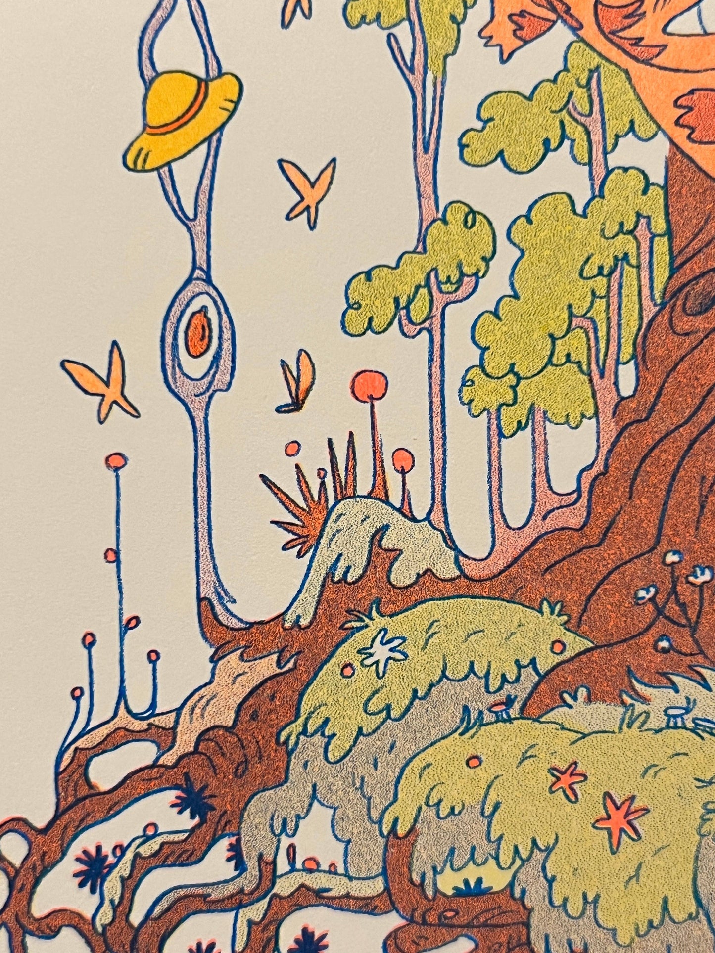 totoro risograph print, forest spirit art print, Natalie Andrewson riso print, blue yellow fluorescent orange riso, Studio Ghibli inspired artwork, whimsical forest spirits illustration, Totoro fan art print, indie printmaker risograph, woodland guardian art, collectible riso print, Rogue & Rye artist collection.