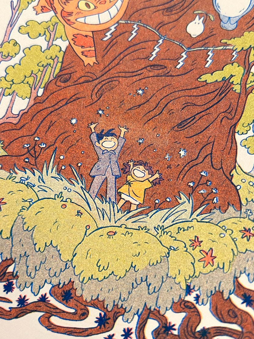 totoro risograph print, forest spirit art print, Natalie Andrewson riso print, blue yellow fluorescent orange riso, Studio Ghibli inspired artwork, whimsical forest spirits illustration, Totoro fan art print, indie printmaker risograph, woodland guardian art, collectible riso print, Rogue & Rye artist collection.