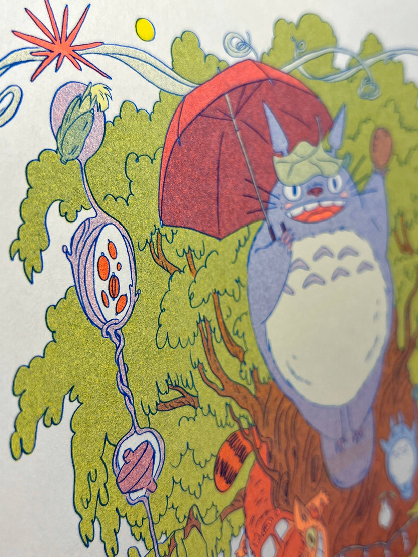 totoro risograph print, forest spirit art print, Natalie Andrewson riso print, blue yellow fluorescent orange riso, Studio Ghibli inspired artwork, whimsical forest spirits illustration, Totoro fan art print, indie printmaker risograph, woodland guardian art, collectible riso print, Rogue & Rye artist collection.