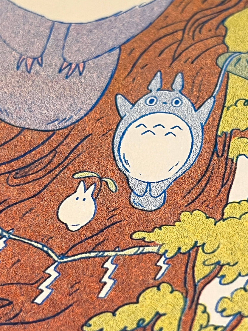 totoro risograph print, forest spirit art print, Natalie Andrewson riso print, blue yellow fluorescent orange riso, Studio Ghibli inspired artwork, whimsical forest spirits illustration, Totoro fan art print, indie printmaker risograph, woodland guardian art, collectible riso print, Rogue & Rye artist collection.