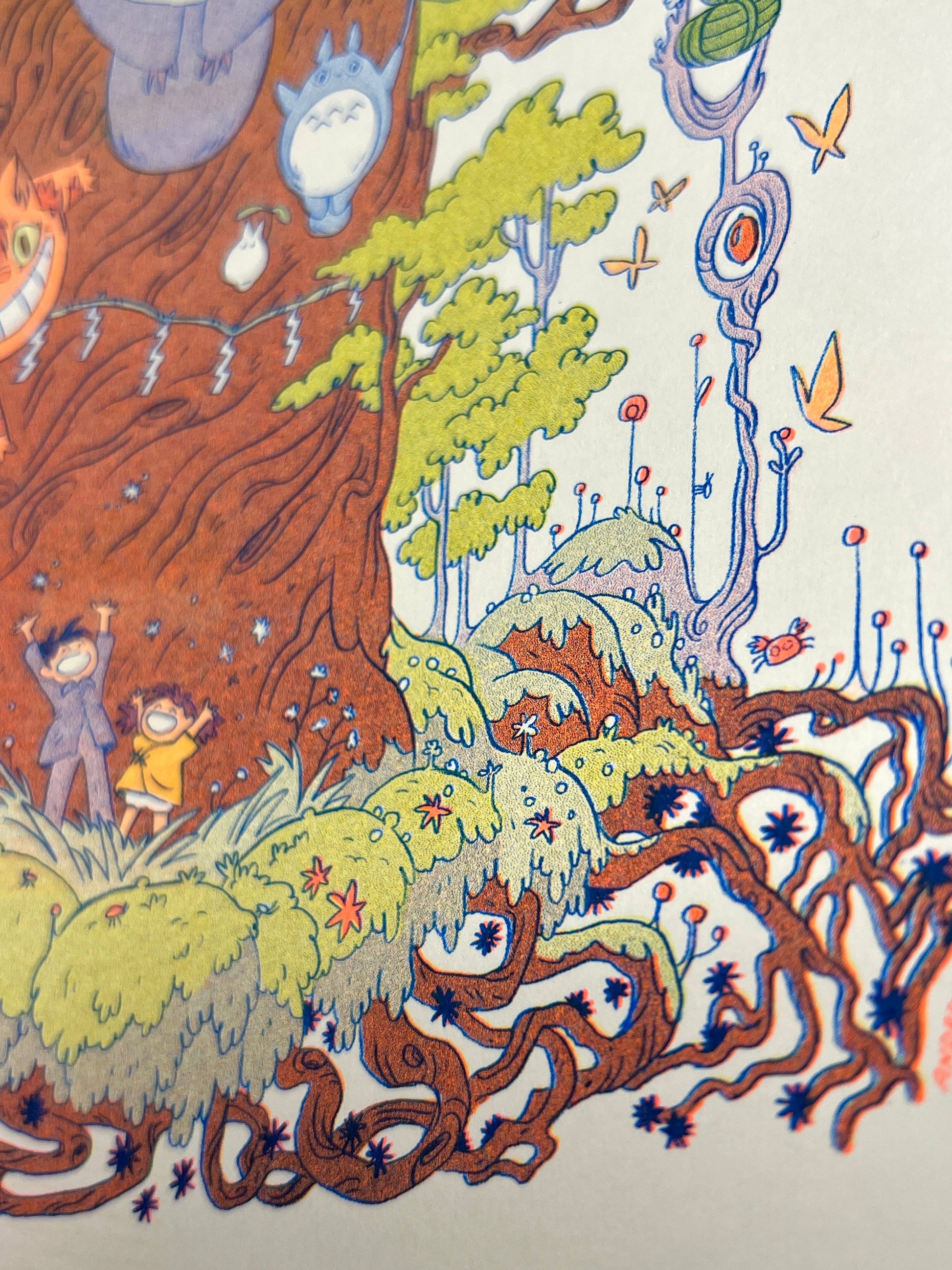 totoro risograph print, forest spirit art print, Natalie Andrewson riso print, blue yellow fluorescent orange riso, Studio Ghibli inspired artwork, whimsical forest spirits illustration, Totoro fan art print, indie printmaker risograph, woodland guardian art, collectible riso print, Rogue & Rye artist collection.