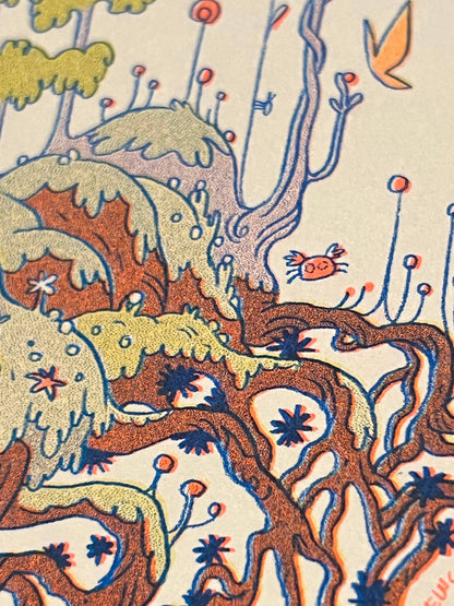 totoro risograph print, forest spirit art print, Natalie Andrewson riso print, blue yellow fluorescent orange riso, Studio Ghibli inspired artwork, whimsical forest spirits illustration, Totoro fan art print, indie printmaker risograph, woodland guardian art, collectible riso print, Rogue & Rye artist collection.