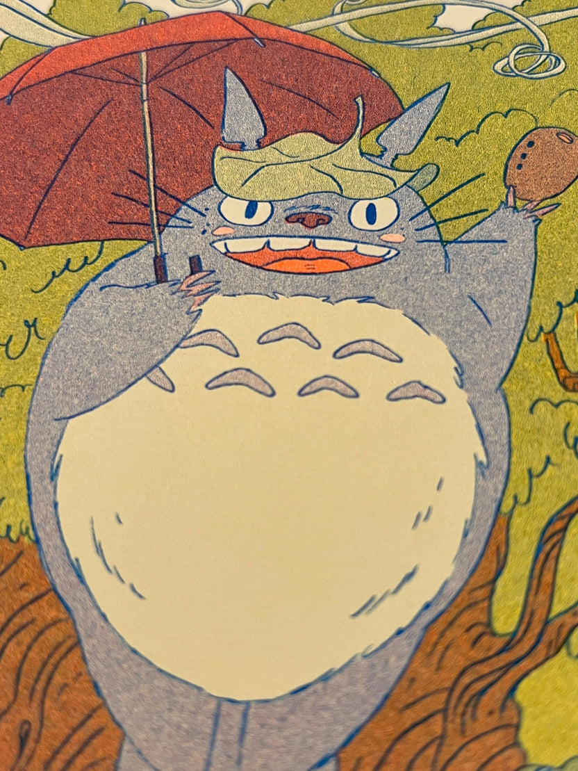 totoro risograph print, forest spirit art print, Natalie Andrewson riso print, blue yellow fluorescent orange riso, Studio Ghibli inspired artwork, whimsical forest spirits illustration, Totoro fan art print, indie printmaker risograph, woodland guardian art, collectible riso print, Rogue & Rye artist collection.