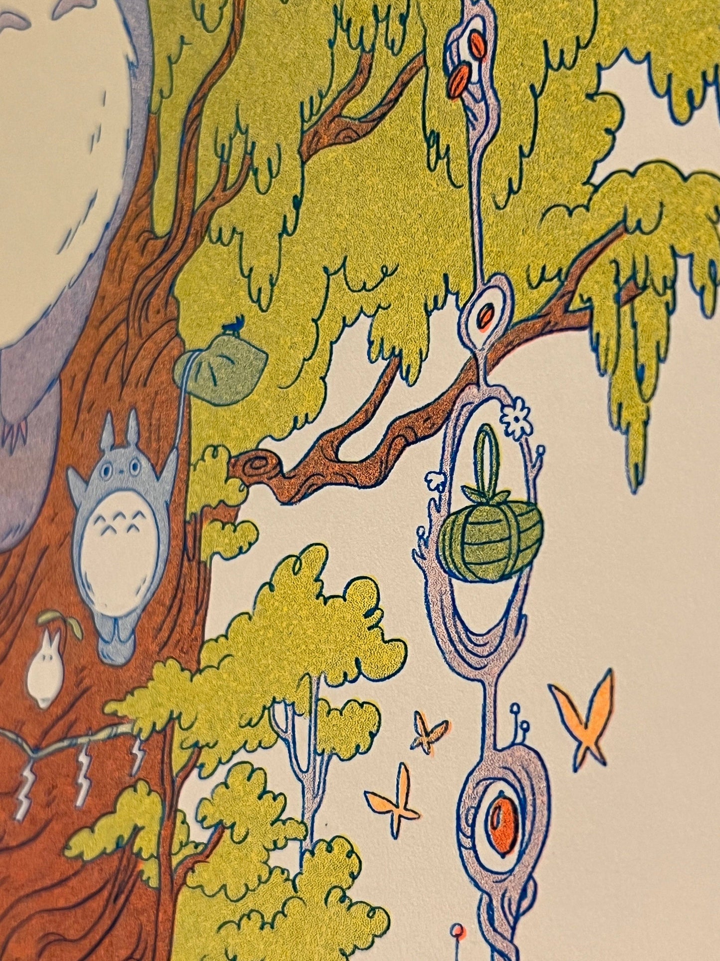 totoro risograph print, forest spirit art print, Natalie Andrewson riso print, blue yellow fluorescent orange riso, Studio Ghibli inspired artwork, whimsical forest spirits illustration, Totoro fan art print, indie printmaker risograph, woodland guardian art, collectible riso print, Rogue & Rye artist collection.
