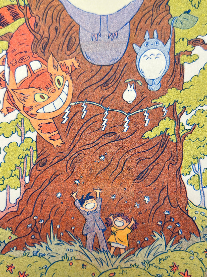 otoro risograph print, forest spirit art print, Natalie Andrewson riso print, blue yellow fluorescent orange riso, Studio Ghibli inspired artwork, whimsical forest spirits illustration, Totoro fan art print, indie printmaker risograph, woodland guardian art, collectible riso print, Rogue & Rye artist collection.
