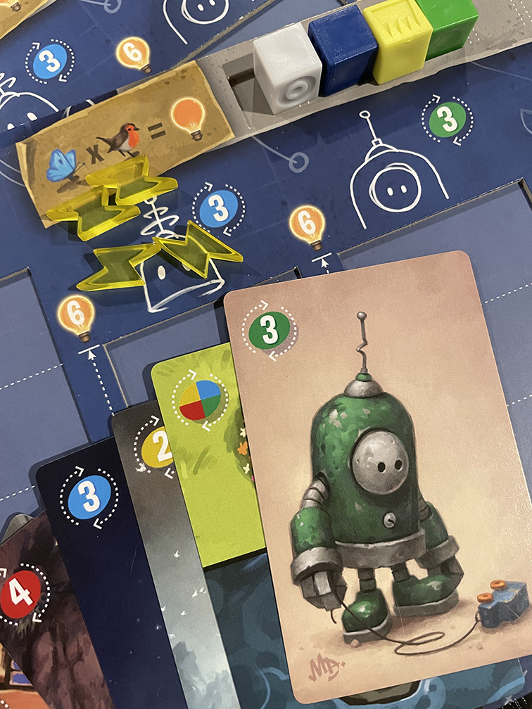 Transmissions board game, Transmissions game, Matt Dixon Transmissions, robot board game, illustrated board game, worker placement game, rondel board game, shared worker board game, engine building board game, strategy board game 1 to 4 players, solo strategy board game, 60 minute strategy game, family strategy game age 10+, miniature robots board game, board game with pipes, build a pipe network board game, engrams and electricity game, adorable robots tabletop game, welcoming strategy board game, modern e