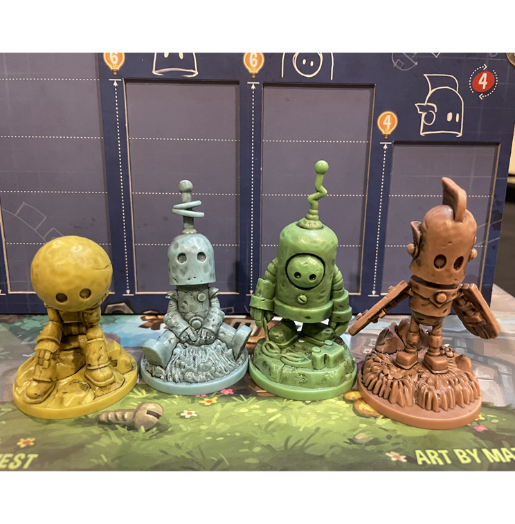 Transmissions board game, Transmissions game, Matt Dixon Transmissions, robot board game, illustrated board game, worker placement game, rondel board game, shared worker board game, engine building board game, strategy board game 1 to 4 players, solo strategy board game, 60 minute strategy game, family strategy game age 10+, miniature robots board game, board game with pipes, build a pipe network board game, engrams and electricity game, adorable robots tabletop game, welcoming strategy board game, modern e