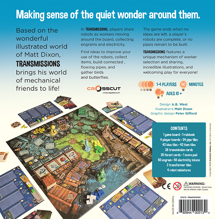 Transmissions board game, Transmissions game, Matt Dixon Transmissions, robot board game, illustrated board game, worker placement game, rondel board game, shared worker board game, engine building board game, strategy board game 1 to 4 players, solo strategy board game, 60 minute strategy game, family strategy game age 10+, miniature robots board game, board game with pipes, build a pipe network board game, engrams and electricity game, adorable robots tabletop game, welcoming strategy board game, modern e