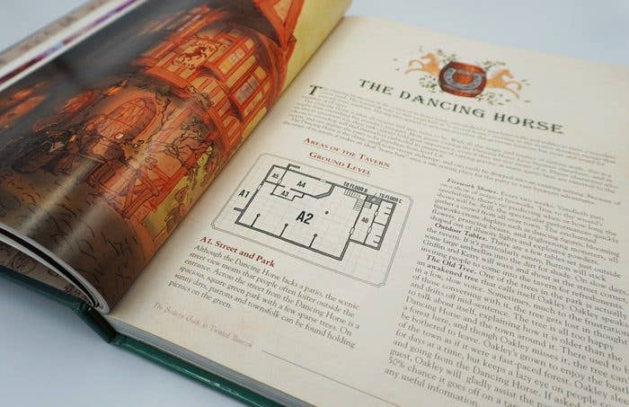 Interior RPG book pages with tavern maps and game master resources