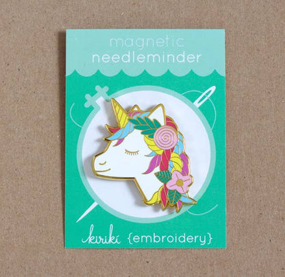 unicorn needleminder, magnetic needle holder, enamel needle minder unicorn, embroidery hoop accessories, cross-stitch unicorn magnet, rare earth magnet needle tool, cute unicorn sewing notion, whimsical embroidery gift, magical stitch marker