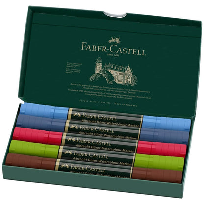 Albrecht Dürer watercolor markers, Faber-Castell watercolor markers, artist watercolor markers set, watercolor marker wallet, urban sketching markers, professional watercolor markers, dual-tip watercolor markers, brush tip watercolor marker set, fine tip watercolor marker set, highly pigmented watercolor markers, travel art supplies, urban sketching tools, pocket sketch kit, plein air painting supplies, creative gift for artists, watercolor illustration tools, water-soluble markers, blendable artist markers