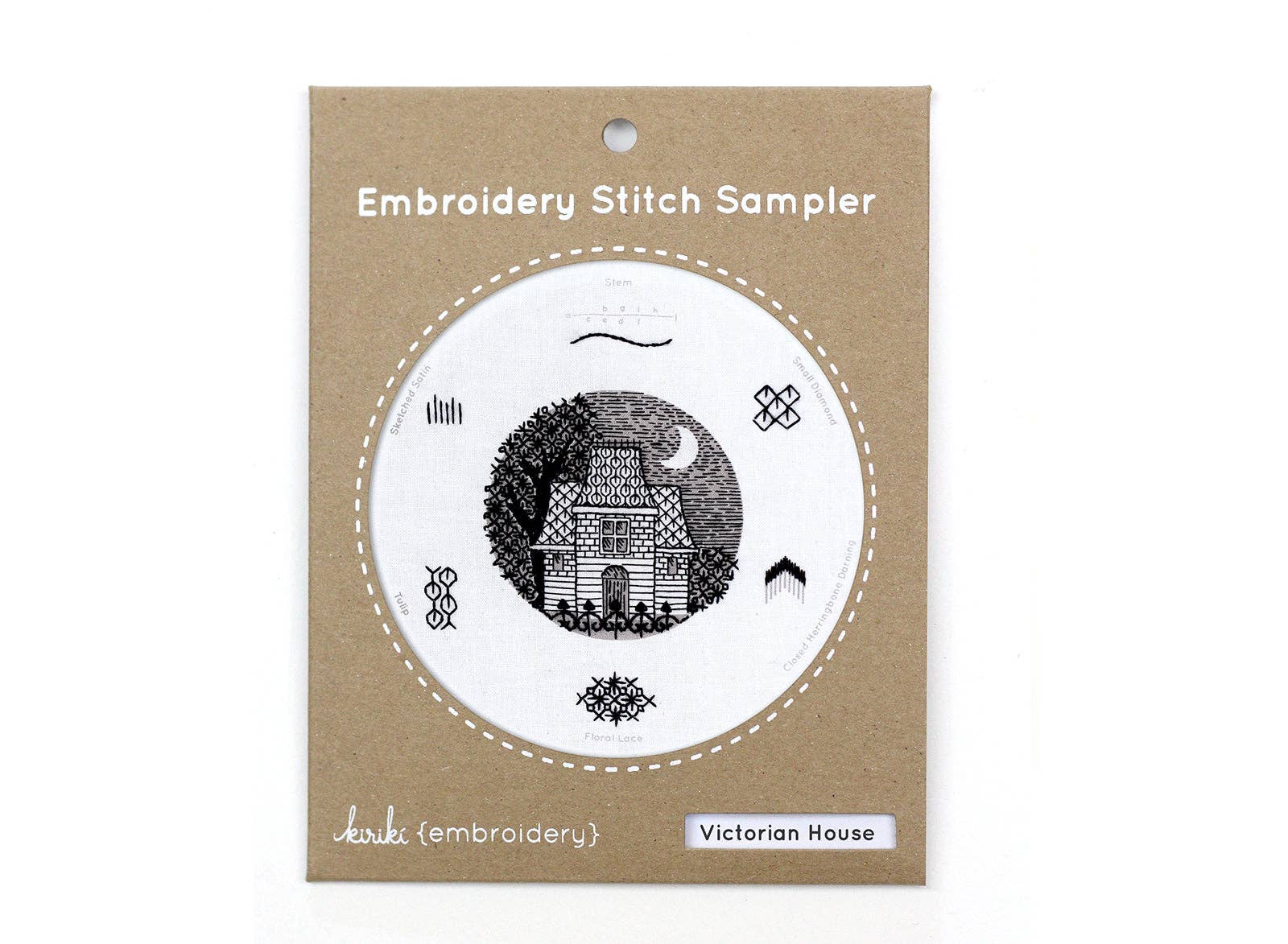 Victorian house embroidery sampler, Blackwork embroidery kit, learn decorative embroidery stitches, Kiriki Press Victorian embroidery, floral embroidery sampler, historical embroidery project, beginner Blackwork kit, decorative fill stitch sampler, DMC floss embroidery kit, elegant embroidery gift