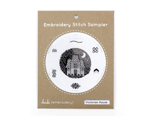 Victorian house embroidery sampler, Blackwork embroidery kit, learn decorative embroidery stitches, Kiriki Press Victorian embroidery, floral embroidery sampler, historical embroidery project, beginner Blackwork kit, decorative fill stitch sampler, DMC floss embroidery kit, elegant embroidery gift