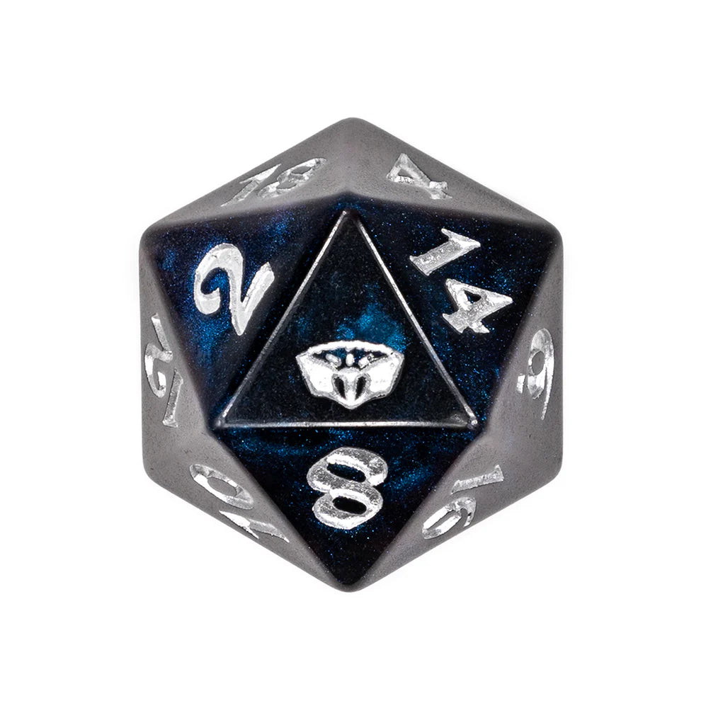 Critical Role GM dice set, Matthew Mercer dice, Vox Machina game master dice, smoky blue black polyhedral dice, tome icon d20, GM RPG dice set, official Critical Role dice, Die Hard Dice Critical Role collab, DnD GM dice, dark blue dice bag with charm