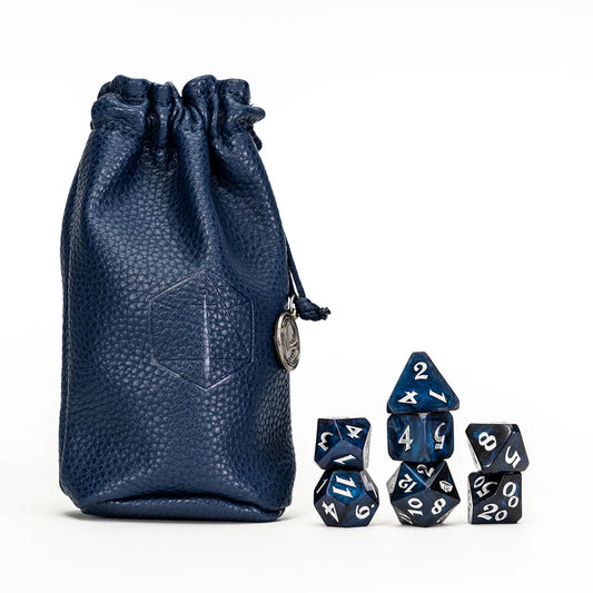 Critical Role GM dice set, Matthew Mercer dice, Vox Machina game master dice, smoky blue black polyhedral dice, tome icon d20, GM RPG dice set, official Critical Role dice, Die Hard Dice Critical Role collab, DnD GM dice, dark blue dice bag with charm