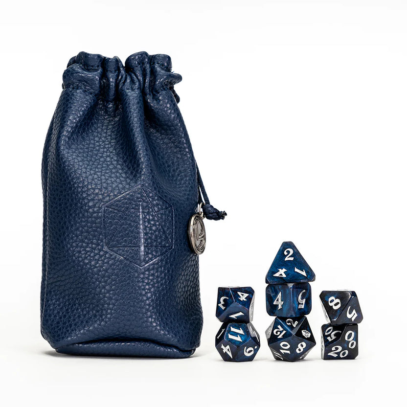 Critical Role GM dice set, Matthew Mercer dice, Vox Machina game master dice, smoky blue black polyhedral dice, tome icon d20, GM RPG dice set, official Critical Role dice, Die Hard Dice Critical Role collab, DnD GM dice, dark blue dice bag with charm