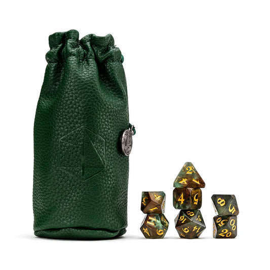 Critical Role Keyleth dice set, Vox Machina polyhedral dice, forest green DnD dice, Marisha Ray Keyleth dice, official Critical Role dice, Die Hard Dice partnership, antler d20 icon, Keyleth character dice set, resin dice with copper splashes, Critical Role collector dice