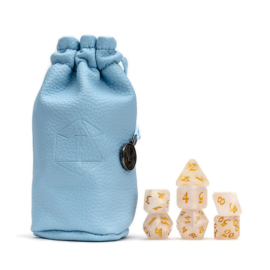 Critical Role Pike Trickfoot dice, Vox Machina gold pearlescent dice, Pike resin polyhedral dice set, Ashley Johnson Critical Role dice, official Critical Role dice set, DnD cleric dice set, Die Hard Dice collaboration, mace icon d20, blue dice bag with charm, Pike Trickfoot RPG accessories
